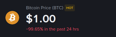 Platform price ticker showing Bitcoin at one US dollar, down 99.65 percent in the past 24 hours.