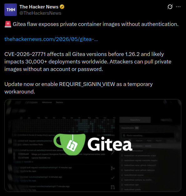 A news post reporting that a Gitea flaw exposes private container images without authentication, affecting all versions before 1.26.2.